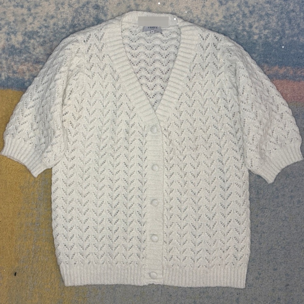 Frnch Paris Crochet Vneck Cardigan Granny Chic Women M Sheer Puff Sleeve Cottage